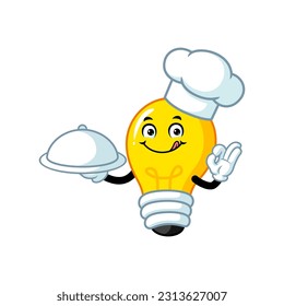 vector cartoon, character, and mascot of a chef light bulb holding tray catering.