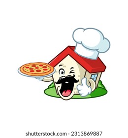 vector cartoon, character, and mascot of a chef house holding pizza.