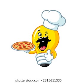 vector cartoon, character, and mascot of a chef light bulb holding pizza.