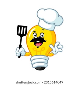 vector cartoon, character, and mascot of a chef light bulb holding spatula.