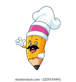 vector cartoon, character, and mascot of a chef pencil with wave hand.