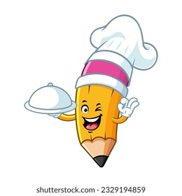 vector cartoon, character, and mascot of a chef pencil holding tray catering.