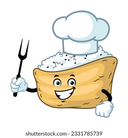 vector cartoon, character, and mascot of a chef inari sushi holding grilled fork.