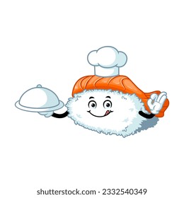 vector cartoon, character, and mascot of a chef ebi nigiri sushi holding tray catering.