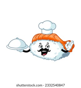 vector cartoon, character, and mascot of a chef moustache ebi nigiri sushi holding tray catering.