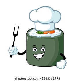 vector cartoon, character, and mascot of a chef norimaki sushi holding grilled fork.