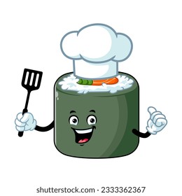 vector cartoon, character, and mascot of a chef norimaki sushi holding spatula.