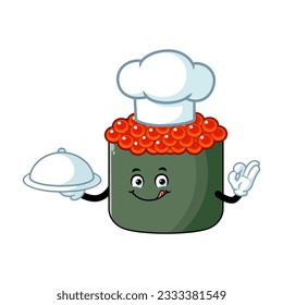 vector cartoon, character, and mascot of a chef ikura sushi holding tray catering.