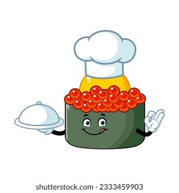 vector cartoon, character, and mascot of a chef tobiko quail egg sushi holding tray catering.