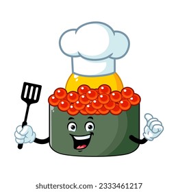 dibujos animados vectoriales, personaje y mascota de un chef tobiko quail egg sushi con espátula.