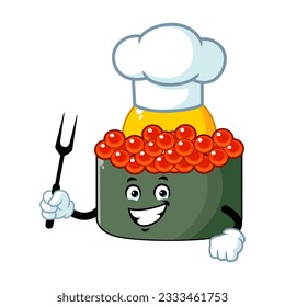 vector cartoon, character, and mascot of a chef tobiko quail egg sushi holding grilled fork.
