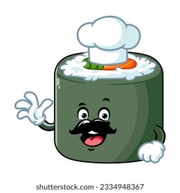 vector cartoon, character, and mascot of a chef norimaki sushi with wave hand.