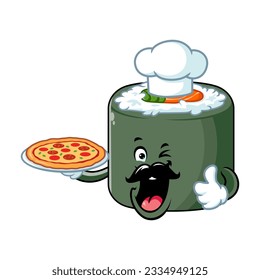 vector cartoon, character, and mascot of a chef norimaki sushi holding pizza.