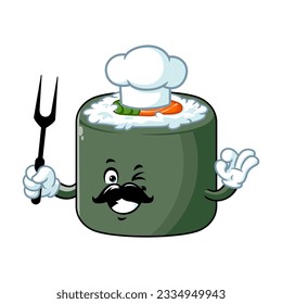vector cartoon, character, and mascot of a chef norimaki sushi holding grilled fork.