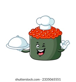 vector cartoon, character, and mascot of a chef ikura sushi holding tray catering.