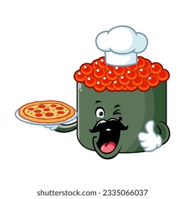 vector cartoon, character, and mascot of a chef ikura sushi holding pizza.