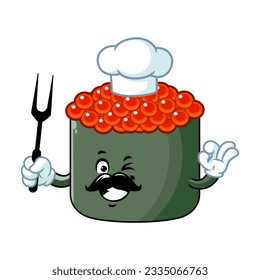 vector cartoon, character, and mascot of a chef ikura sushi holding grilled fork.