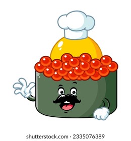 vector cartoon, character, and mascot of a chef tobiko quail egg sushi with wave hand.