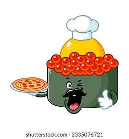 dibujos animados vectoriales, personaje y mascota de un chef tobiko quail egg sushi sujetando pizza.