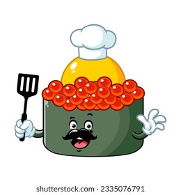 dibujos animados vectoriales, personaje y mascota de un chef tobiko quail egg sushi con espátula.