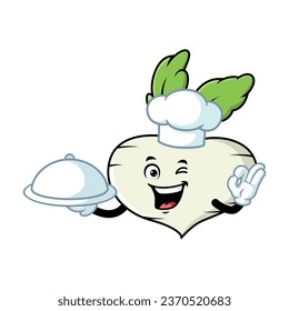 dibujos animados vectoriales, personajes y mascota de un cocinero que sostiene la bandeja de comida.