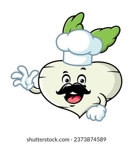 vector cartoon, character, and mascot of a chef turnip with wave hand.