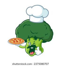 vector cartoon, character, and mascot of a chef broccoli holding pizza.