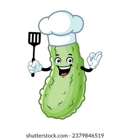 vector cartoon, character, and mascot of a chef pickle holding spatula.