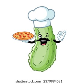vector cartoon, character, and mascot of a chef pickle holding pizza.