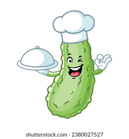 vector cartoon, character, and mascot of a chef pickle holding tray catering.