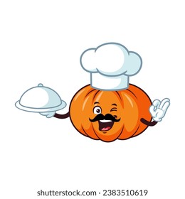 vector cartoon, character, and mascot of a chef moustache pumpkins holding tray catering.