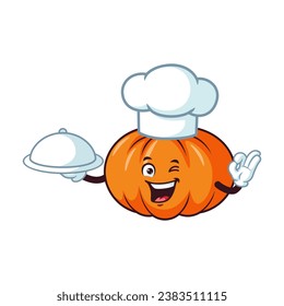 vector cartoon, character, and mascot of a chef pumpkins holding tray catering.