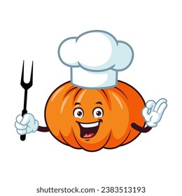 vector cartoon, character, and mascot of a chef pumpkins holding grilled fork.