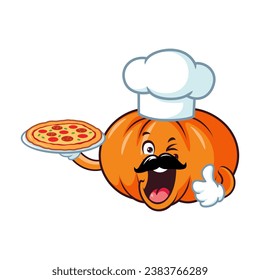 vector cartoon, character, and mascot of a chef pumpkins holding pizza.