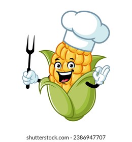 dibujos animados vectoriales, personajes y mascota de un maiz de chef que sostiene un tenedor a la parrilla.