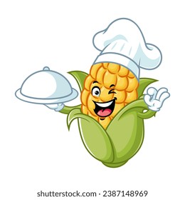 vector cartoon, character, and mascot of a chef corn holding tray catering.