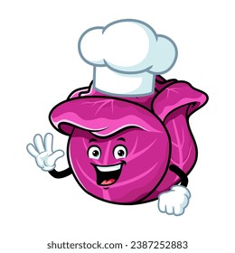 vector cartoon, character, and mascot of a chef red cabbage with wave hand.