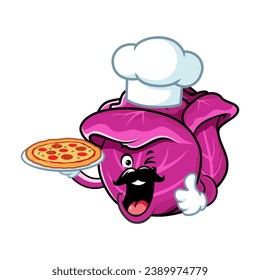 vector cartoon, character, and mascot of a chef red cabbage holding pizza.