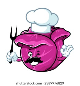vector cartoon, character, and mascot of a chef red cabbage holding grilled fork.
