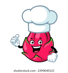 vector cartoon, character, and mascot of a chef dragon fruit with thumbs up hand.