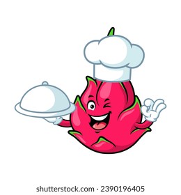vector cartoon, character, and mascot of a chef dragon fruit holding tray catering.