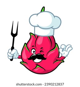 vector cartoon, character, and mascot of a chef dragon fruit holding grilled fork.