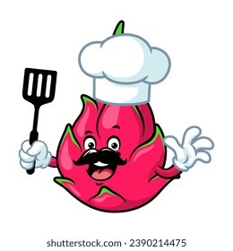 vector cartoon, character, and mascot of a chef dragon fruit holding spatula.