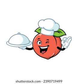 vector cartoon, character, and mascot of a chef peach holding tray catering.