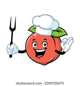 vector cartoon, character, and mascot of a chef peach holding grilled fork.