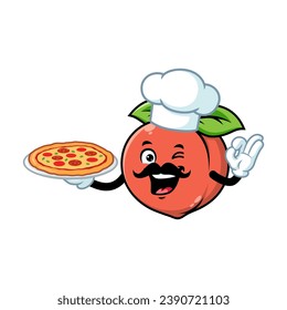 vector cartoon, character, and mascot of a chef peach holding pizza.