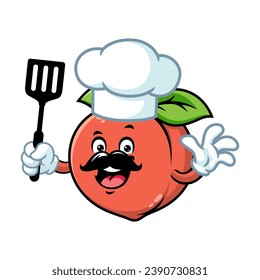 vector cartoon, character, and mascot of a chef peach holding spatula.