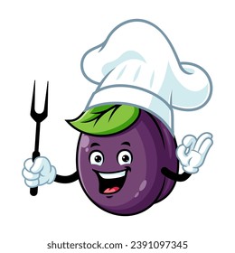 vector cartoon, character, and mascot of a chef plum holding grilled fork.