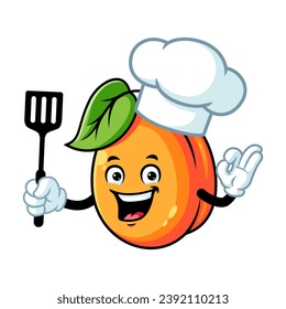 vector cartoon, character, and mascot of a chef apricot holding spatula.