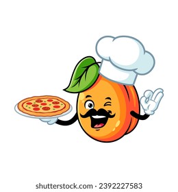 vector cartoon, character, and mascot of a chef apricot holding pizza.